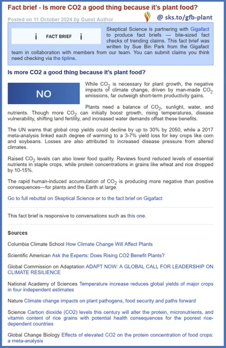 Screenshot of fact brief #17

Q: Is more CO2 a good thing because it’s plant food?
A: NO - While CO2 is necessary for plant growth, the negative impacts of climate change, driven by man-made CO2 emissions, far outweigh short-term productivity gains. [..] 

Full text: https://sks.to/gfb-plant