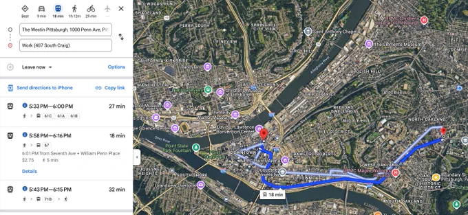 bus from downtown to CMU, 18 minutes is the fastest on the 67, but the 61s are pretty fast too, 27 minutes