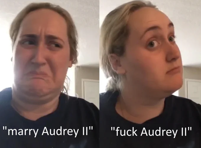 The "no"/"...but maybe" meme with "marry Audrey II"/"fuck Audrey II"