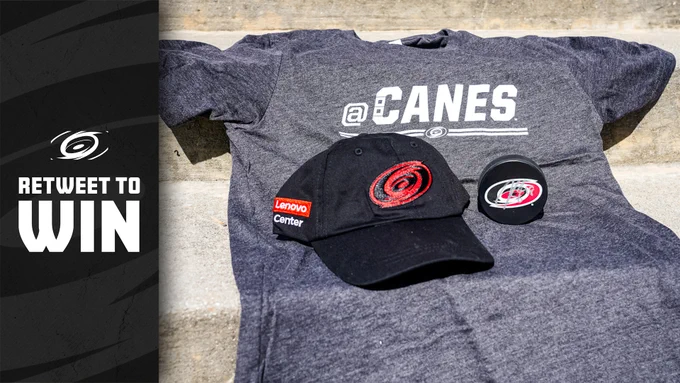 Photo promoting a RT to win contest for an @Canes shirt, Canes branded hat from Opening Night, and signed puck 