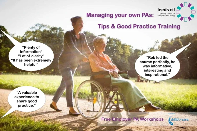 Image is of a carer pushing an older lady in a wheelchair.