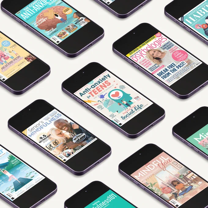 Collage of mobile phones showing different mental health emagazine titles