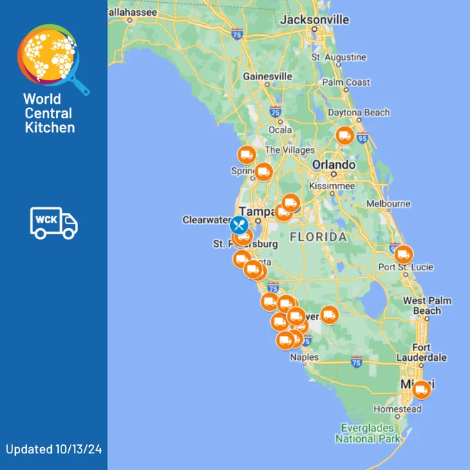 Map showing kitchen and food truck locations- see caption for location list
