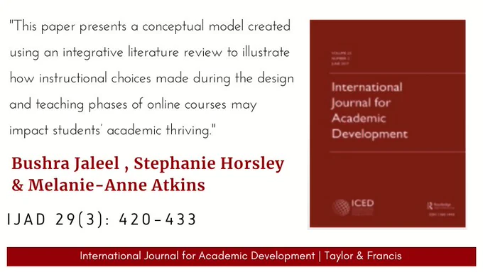 IJAD logo and a quote from an article by Bushra Jaleel, Stephanie Horsley & Melanie-Anne Atkins: 'This paper presents a conceptual model created using an integrative literature review to illustrate how instructional choices made during the design and teaching phases of online courses may impact students’ academic thriving.'
