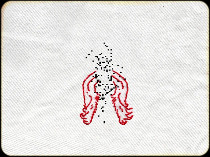 embroidery of wings in flight, pixels suggesting a vague form