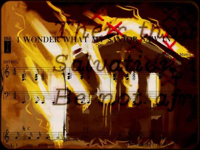 painting animation of a burning church, a hymn entitled "I Waonder What My Savior Saw in Me", close up of lyrics with crossstitching
