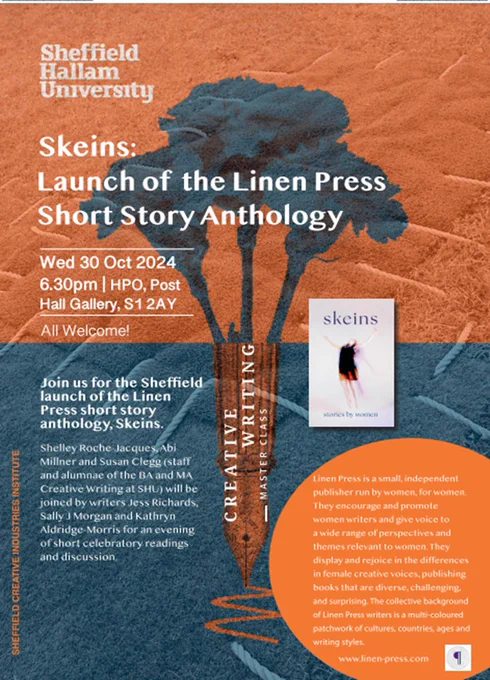Poster for the Sheffield launch of short story anthology 'Skeins' - Wednesday 30th October, 6.30pm, Post Hall Gallery (Old Head Post Office, Fitzalan Square, Sheffield City Centre, Sheffield S1 2AY) 