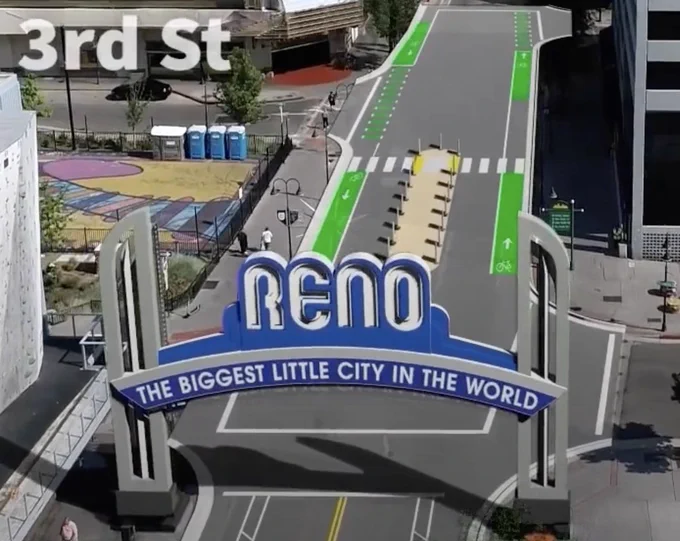 a layout of Virginia Street in downtown Reno, NV. It includes bike lanes and a center pedestrian island near the iconic Reno sign.