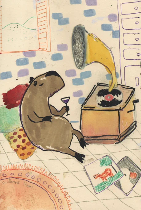 capybara listening to music coming out of a record player holding a glass of wine