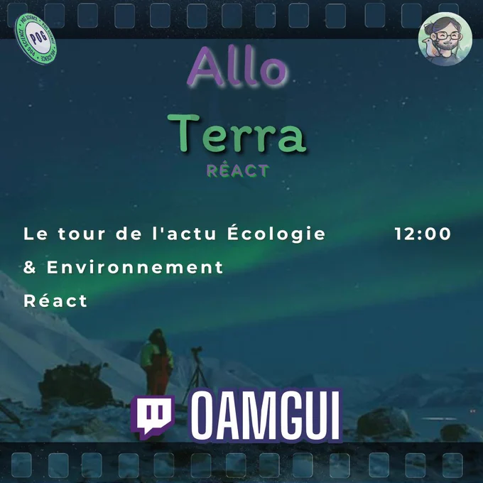 Aurore boréale verte et bleue en arrière-plan, texte "Allo Terra" violet et vert, logo Twitch blanc "OAMGUI" en bas, ambiance nocturne et scientifique.
