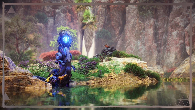 A screenshot taken in Horizon Zero Dawn Remastered of a Watcher standing upright beside a river.
