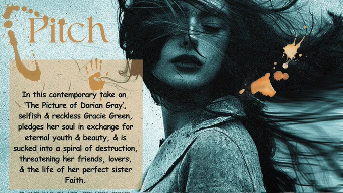 A beautiful young woman, long dark hair, eyes closed looking over her shoulder, hair is windblown. Splashes of gold and a gold hand print 