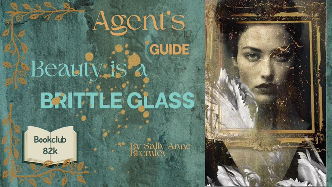 Turquoise background, young woman's face framed in gold, splatters of gold over the writing