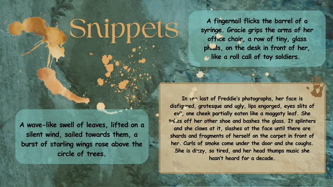 Turquoise background, splashed with gold, snippets from the novel