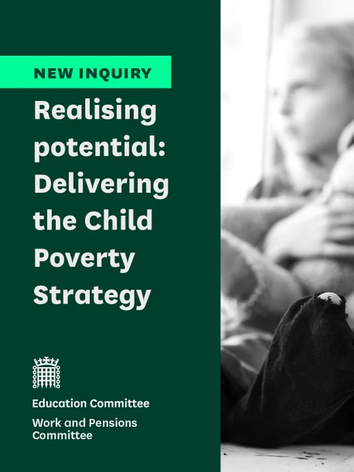 Image 1/2. An image with a child holding a bear with text that reads 'New inquiry. Realising potential: Delivering the Child Poverty Strategy.'
