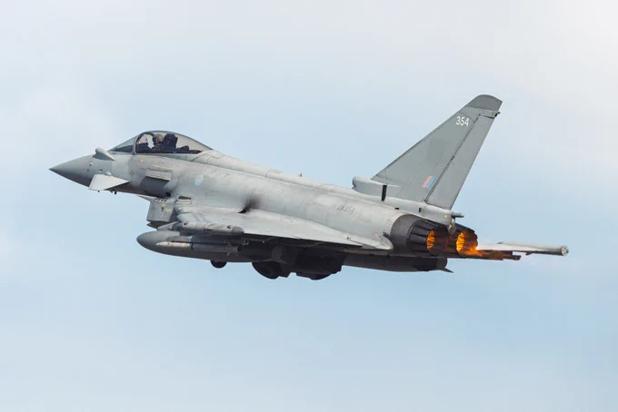 Image of an RAF Typhoon of 2 Squadron departing Poznan-Krzesiny Airbase to conduct training with NATO allies in 2023.