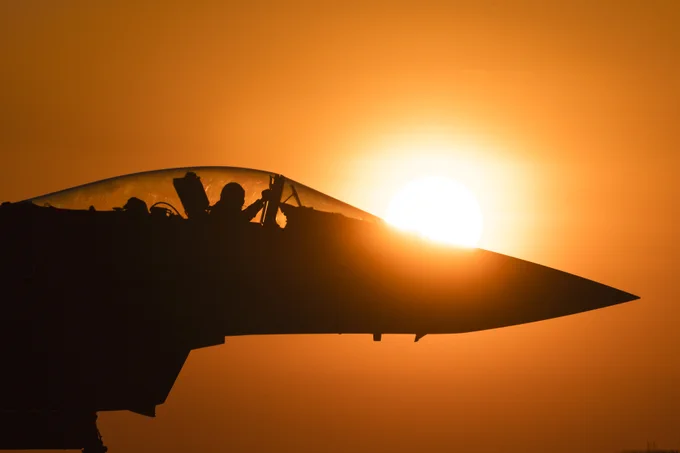 Image of an RAF Typhoon preparing to take off at sunset during Exercise Pitch Black 2024 in Australia.