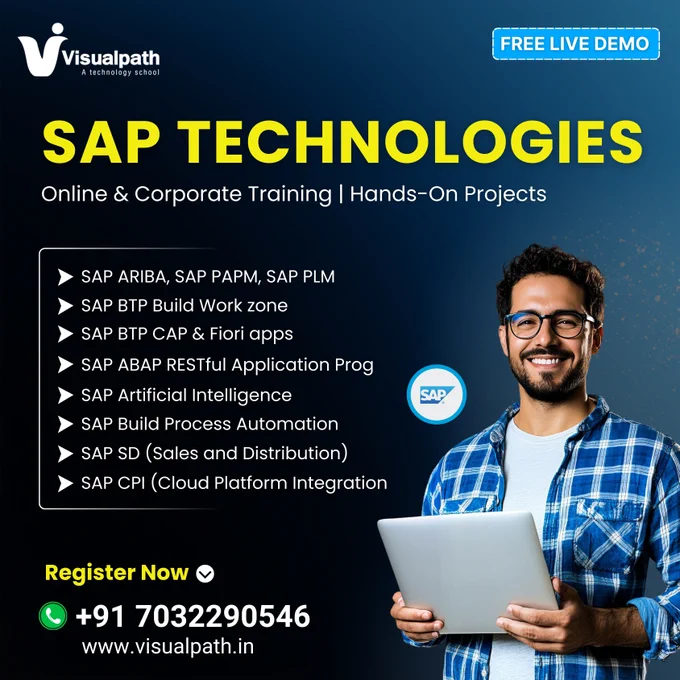 🚀 Build a Powerful Career with SAP Technologies!

Join Visualpath – A Technology School and master in-demand SAP skills with online & corporate training and real-time hands-on projects.

🔹 SAP Courses Covered:
✔ SAP ARIBA, SAP PAPM, SAP PLM
✔ SAP BTP (Build Work Zone, CAP & Fiori Apps)
✔ SAP ABAP RESTful Programming
✔ SAP Artificial Intelligence
✔ SAP Build Process Automation
✔ SAP SD (Sales & Distribution)
✔ SAP CPI (Cloud Platform Integration)

🎯 Industry-focused training
🎓 Expert trainers
🎁 FREE LIVE DEMO – Register Now!

📞 Call / WhatsApp:  91 7032290546
🌐 Visit: www.visualpath.in


#SAP #SAPTraining #SAPTechnologies #SAPBTP #SAPABAP #SAPFiori #SAPCPI #SAPSD #SAPAI #SAPJobs #ITTraining #OnlineTraining #CorporateTraining #CareerGrowth #Visualpath