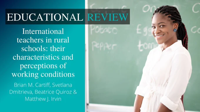 Educational Review journal title appears at the top. On the left, in white text on a bright blue background is the article title and author name(s): ‘International teachers in rural schools: their characteristics and perceptions of working conditions’ by Brian M. Cartiff, Svetlana Dmitrieva, Beatrice Quiroz & Matthew J. Irvin. On the right is an image of a teacher standing in front of a chalkboard. 