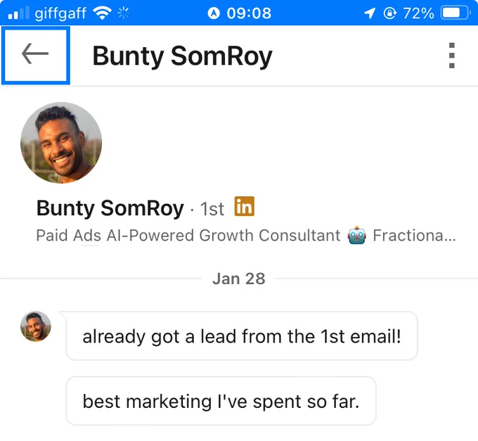 LinkedIn message from someone saying they got a lead from an advert