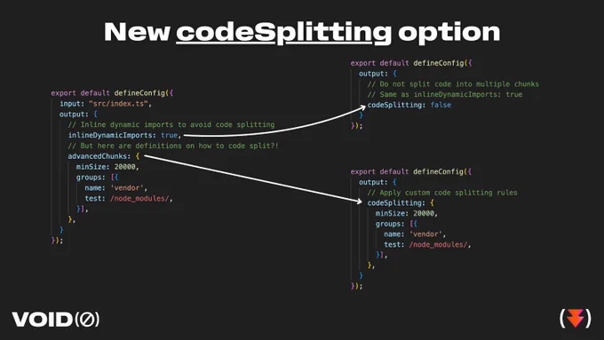 Before and after code comparison showing Rolldown's new codeSplitting option. Left side shows contradictory config with both inlineDynamicImports: true and advancedChunks defined. Right side shows the unified replacement: codeSplitting: false for no splitting, or codeSplitting with a config object for manual chunking rules.