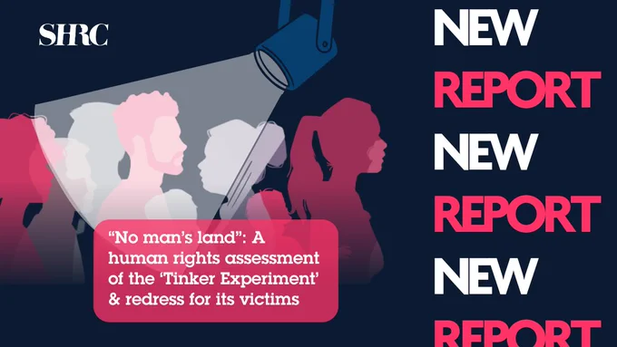 New report! "No man's land": A human rights assessment of the 'Tinker Experiment' & redress for its victims. Diverse group of people in silhouette under a spotlight.