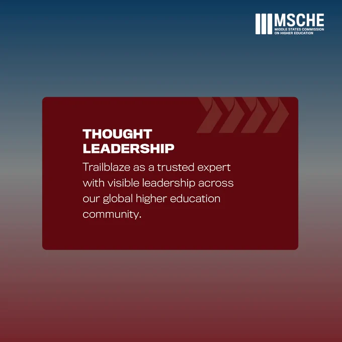 Text on a gradient background of blue, gray, and red. Four arrows point in the right direction. MSCHE logo in the top right-hand corner. The text reads "Thought Leadership: Trailblaze as a trusted expert with visible leadership across our global higher education community."
