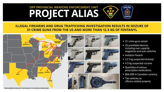 Map showing US states and Southern Ontario with red arrows tracing origins of 31 seized crime guns linked to illegal firearms and drug trafficking.
