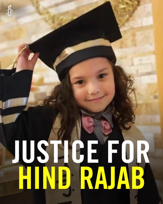 A photo of Hind Rajab with a mortarboard hat on pretending to be graduating from university. Writing over the photo says: Justice for Hind Rajab.