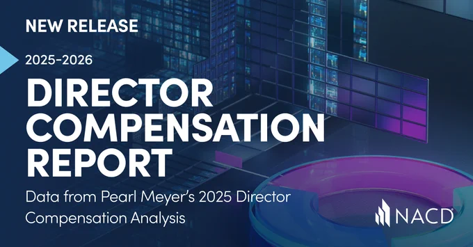 2025-2026 Director Compensation Report featuring data from Pearl Meyer's analysis, presented by NACD with a futuristic blue and purple digital background.