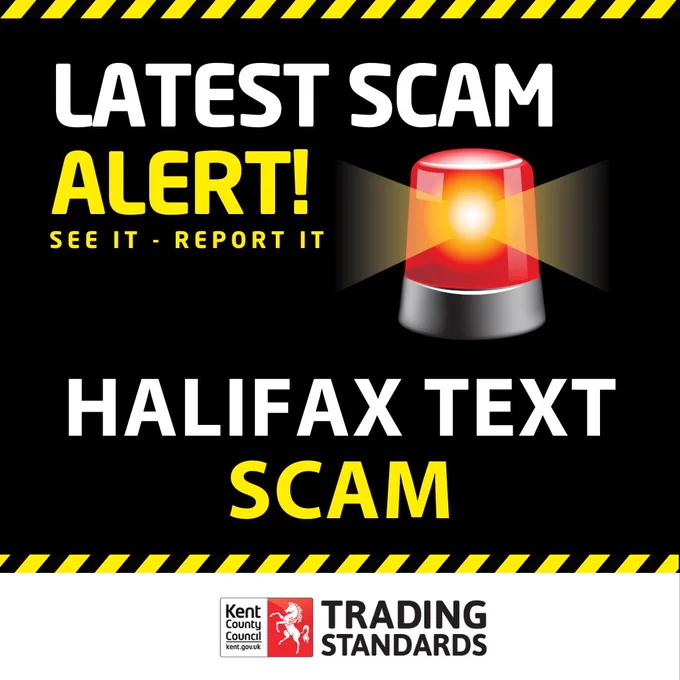 “Scam alert graphic warning about a Halifax text scam, with a red flashing light icon and the Trading Standards logo.”
