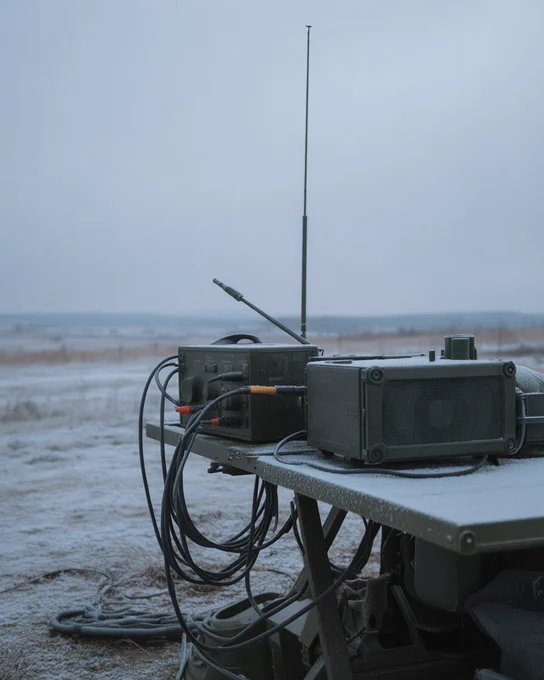Military field radio equipment with a visible antenna and connected cables, set up outdoors in winter conditions. The radio units stand on a table in a cold, open landscape, showing essential communication equipment operating in harsh weather.
