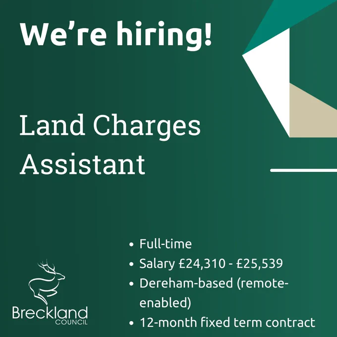 We're hiring!
Land Charges Assistant
- Full-time
- Salary £24,310 - £25,539
- Dereham-based (remote-enabled)
- 12-month fixed term contract