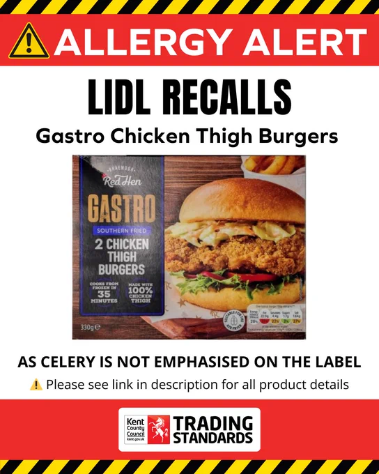 “Recall alert for Lidl Gastro Chicken Thigh Burgers due to celery not being highlighted on the label, with a product photo and the Trading Standards logo.”
