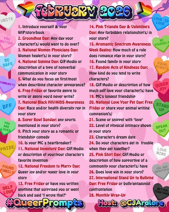 1. Introduce yourself & your WIP/story/book
2. Groundhog Day: Any day your character(s) would want to do over?
3. National Women Physicians Day: Women healer(s) in your story?
4. National Signing Day: GIF/Audio or description of a type of nonverbal communication in your story
5. What do you focus on first/most when describing character appearance?
6. Free Friday or favorite genre to write or genre you'd never write?
7. National Black HIV/AIDS Awareness Day: Race and/or health diversity rep in your story
8. Super Bowl Sunday: any sports mentioned in your story?
9. Pitch your story as a romantic or friendship comedy
10. Is your MC a heartbreaker?
11. National Inventors' Day: GIF/Audio or description of your/your character's favorite invention
12. National Freedom to Marry Day: Queer joy and/or queer love in your story
13. Free Friday or have you written anything that surprised you or went back and said "I wrote that?"
14. Pink Triangle Day & Valentine's Day: Any forbidden relationship(s)