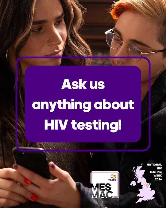A photo of a transfeminine person and a transmasculine person looking at a phone together. Text reads: Ask us anything about HIV testing!
