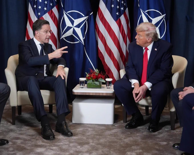 Nato secretary-general Mark Rutte, left, pictured with Donald Trump at Davos on Wednesday evening Photograph: Evan Vucci/AP