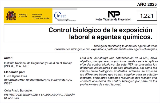 Portada de una Nota Técnica de Prevención (NTP) del INSST, titulada "Control biológico de la exposición laboral a agentes químicos", año 2025.