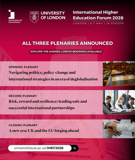 International higher education conference 2026 branding listing three plenary titles: Navigating politics, policy-change & international strategies in an era of deglobalisation; Risk, reward and resilience: leading safe and successful international partnerships ; A new era: UK and the EU forging ahead 