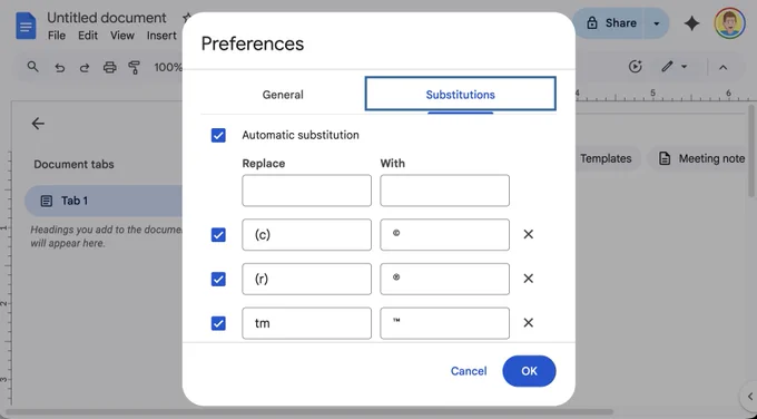 Google Docs Preferences - Substitutions screenshot