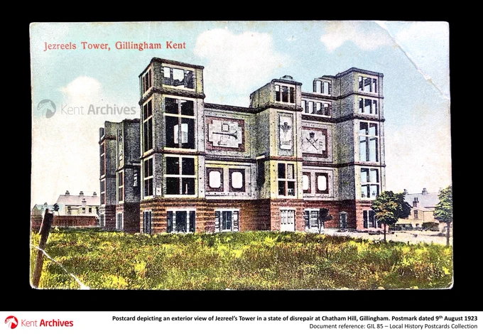 Shown here is a postcard depicting an exterior view of Jezreel's Tower at Chatham Hill, Gillingham. Postmark dated 9th August 1923 [ref. GIL 85]

Jezreel's Tower was an imposing religious structure intended to be the centrepiece of a small but fervent sect called the New and Latter House of Israel, led by James Jezreel (c.1851-1885).

Initially a soldier in the British Army, Jezreel was influenced by the prophetic teachings of Joanna Southcott of Taleford, Devon (1750-1814), and established a Medway-based enclave of "Jezreelites" to continue her movement.

Despite the sect's ambition, the tower was never completed owing to financial strain and the death of Jezreel in 1885, which left the group without strong leadership. Whilst the structure fell into disrepair, its decaying shell became a notable curiosity of the local landscape.

After standing derelict for decades, the tower was demolished in 1961 — bringing an end to one of Kent’s most unusual architectural landmarks.