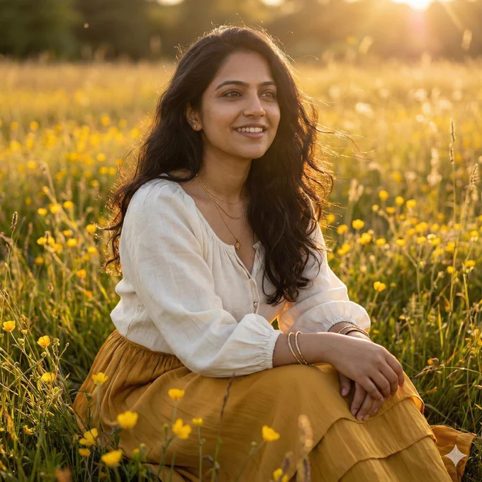 Ultra-realistic cinematic luxury fashion portrait using uploaded image as exact face reference (100% identity lock).

Dreamy young woman, soft romantic vibe, flowing wavy hair catching breeze, natural glowy makeup.

Wearing: ivory linen peasant blouse with billowing sleeves   layered mustard silk maxi skirt, delicate gold jewelry.

Pose: Seated gracefully in wildflower meadow, hands in lap, gazing softly into distance.

Setting: Golden hour buttercup field, tall grass swaying.

Lighting: Warm sunset glow with lens flares, rich saturated yellows and earthy tones.

8K photoreal, shallow depth of field, luxury editorial aesthetic – couture cottagecore.

No text/logos/watermarks.