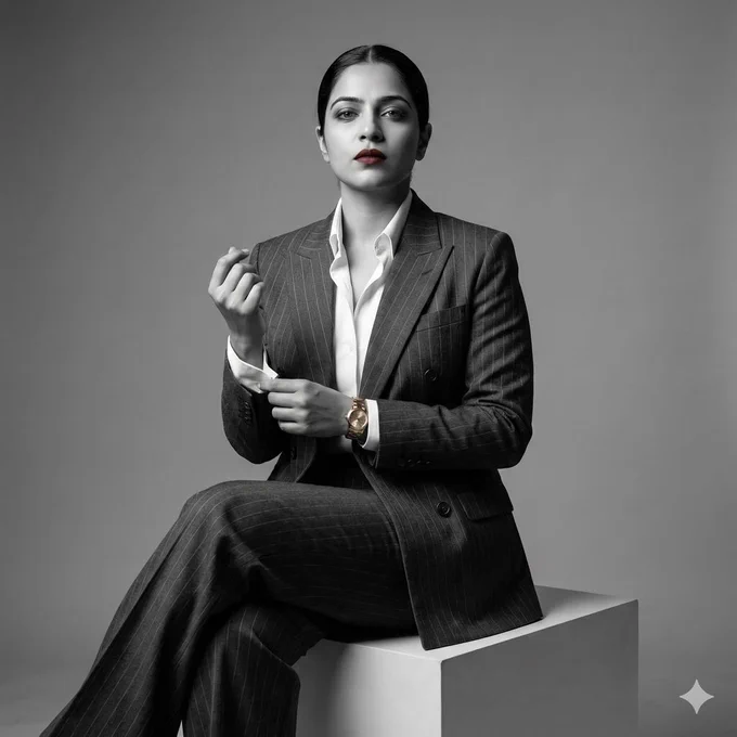 Ultra-realistic cinematic luxury fashion portrait using uploaded image as exact face reference (100% identity lock).

Fierce young woman, commanding presence, sleek hair pulled back, sharp neutral makeup.

Wearing: tailored charcoal gray pinstripe power suit (double-breasted blazer   wide-leg trousers), crisp white shirt unbuttoned at top, no tie, gold watch visible.

Pose: Seated on modern white cube against seamless gray backdrop, legs crossed, adjusting cufflink with confident stare.

Setting: Clean high-end studio, minimal props.

Lighting: Dramatic side key light creating sharp shadows   soft fill, high contrast black-and-white tones with selective color pop on lips.

8K photoreal, shallow depth of field, luxury editorial aesthetic – modern executive meets Vogue power dressing.

No text/logos/watermarks.