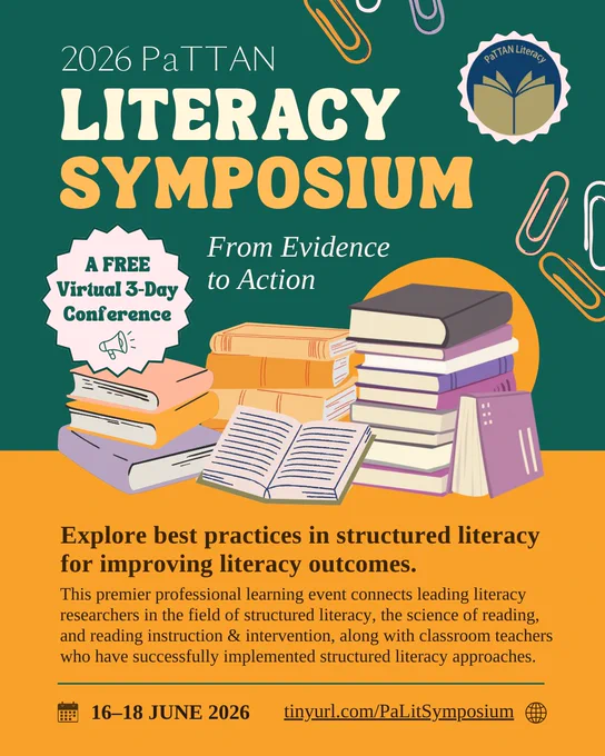 Green and yellow graphic with books. Text reading, 2026 PaTTAN Literacy Symposium. A free, virtual three-day conference. Save the Dates. June 16 to 18, 2026.