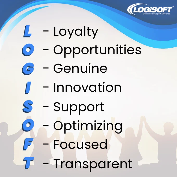 Image with text that says “LOGISOFT” and an acronym list of “loyalty, opportunities, genuine, innovation, support, optimizing, focused, transparent”