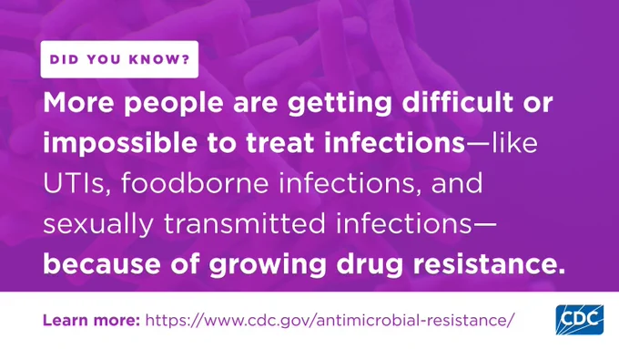 “Purple graphic with the heading ‘Did you know?’ and text stating that more people are getting difficult or impossible to treat infections—such as UTIs, foodborne infections, and sexually transmitted infections—due to growing drug resistance. Includes a link to CDC antimicrobial resistance information and the CDC logo.” 