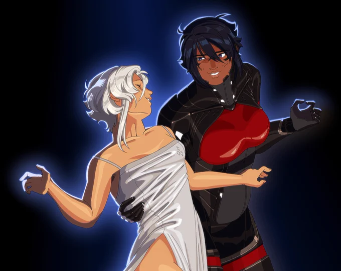 Ariane and Elster, smiling and dancing together