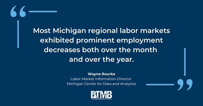 Graphic with dark blue background and white text that reads: "Most Michigan regional labor markets exhibited prominent employment decreases both over the month and over the year."
Wayne Rourke, Labor Market Information Director Michigan Center for Data and Analytics
