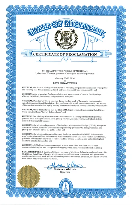 State of Michigan Certificate proclaiming Jan. 26-30, 2026 Data Privacy Week in Michigan.