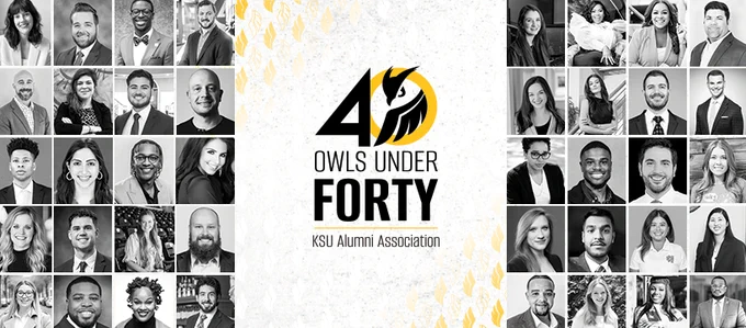 40 Owls Under 40 Graphic in white and gold with black and white headshots of the honorees.